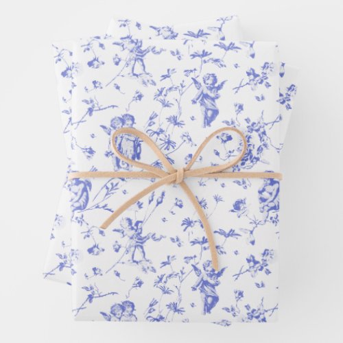 Cute Vintage Cherub Cupid Angels Blue Floral Toile Wrapping Paper Sheets