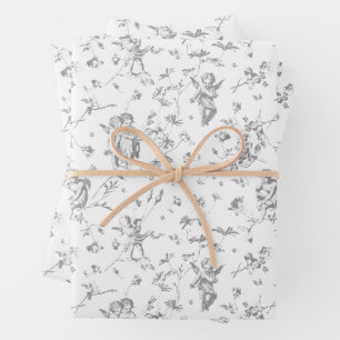 Cute Vintage Cherub Cupid Angels Gray Floral Toile Wrapping Paper Sheets