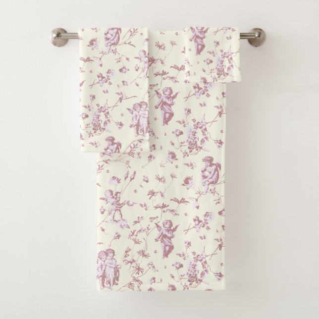 Cute Vintage Cherub Cupid Angels Pink Floral Toile Bath Towel Set (Insitu)