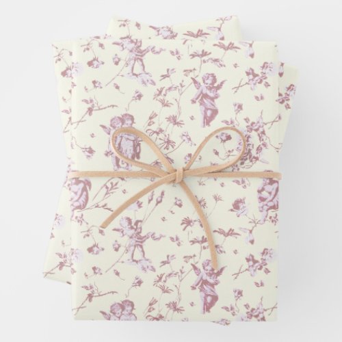 Cute Vintage Cherub Cupid Angels Pink Floral Toile Wrapping Paper Sheets