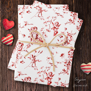 Cute Vintage Cherub Cupid Angels Red Floral Toile Wrapping Paper Sheets