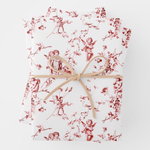 Cute Vintage Cherub Cupid Angels Red Floral Toile Wrapping Paper Sheets