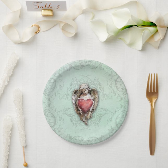 Cute Vintage Cherub with Red Heart Paper Plates (Wedding)