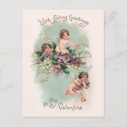 Cute Vintage Cherubs and Violets Valentines Day Postcard