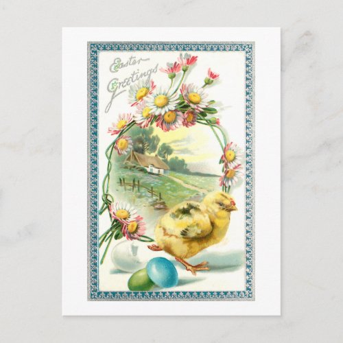 Cute Vintage Chick Easter Eggs and Daisies Postcard