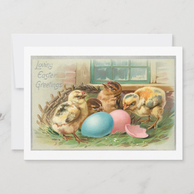 Cute Vintage Chicks and Easter Eggs Holiday Card (Front)
