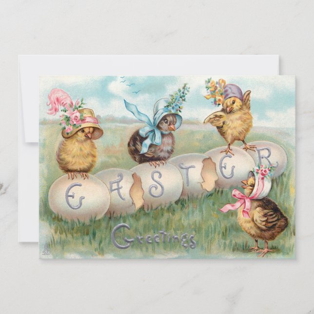 Cute Vintage Chicks in Easter Bonnets Holiday Card (Front)