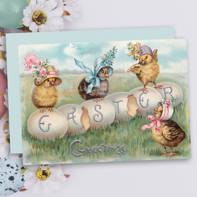 Cute Vintage Chicks in Easter Bonnets Holiday Card (Creator Uploaded)