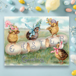 Cute Vintage Chicks in Easter Bonnets Postcard<br><div class="desc">Whimsical and cute vintage chicks wearing fancy Easter bonnets with eggs spelling "Easter Greetings."</div>