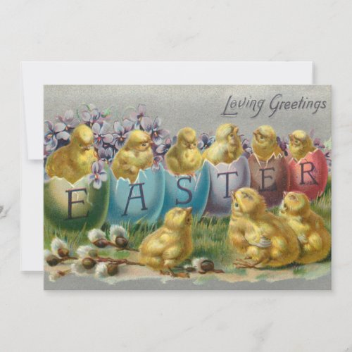 Cute Vintage Chicks in Easter Eggs wViolets Holiday Card