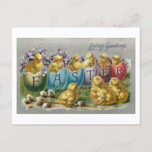 Cute Vintage Chicks in Easter Eggs wViolets Holiday Postcard