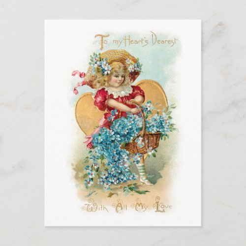 Cute Vintage Child Heart Flowers Valentine Postcard