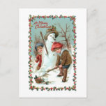 Cute Vintage Children and Snowman Postcard<br><div class="desc">Two Victorian children building a snowman with Merry Christmas text and festive holly border and editable text field. Back features custom border with editable text fields.</div>