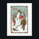 Cute Vintage Children and Snowman Postcard<br><div class="desc">Two Victorian children building a snowman with Merry Christmas text and festive holly border and editable text field. Back features custom border with editable text fields.</div>