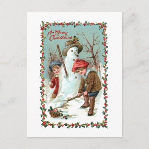 Cute Vintage Children and Snowman Postcard