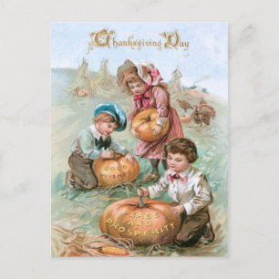 Cute Vintage Children Carving Pumpkins Postcard