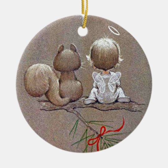 Cute Vintage Christmas Angel and Squirrel Ceramic Ornament | Zazzle.com