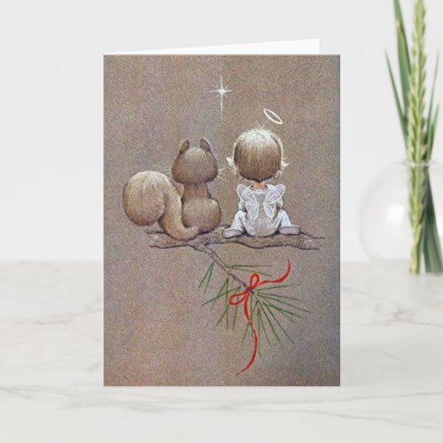 Cute Vintage Christmas Angel and Squirrel Holiday Card