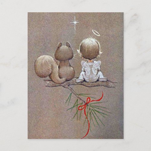 Cute Vintage Christmas Angel and Squirrel Holiday Postcard