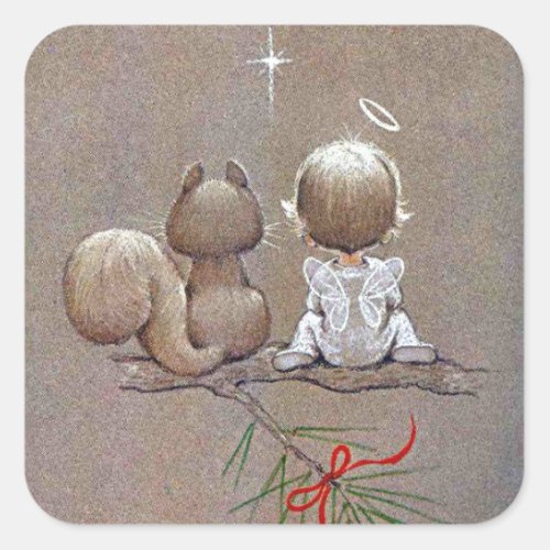 Cute Vintage Christmas Angel and Squirrel Square Sticker