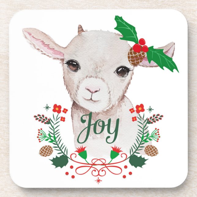 Cute Vintage Christmas Baby Goat - Joy Beverage Coaster (Front)