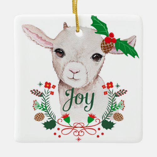 Cute Vintage Christmas Baby Goat _ Joy Ceramic Ornament