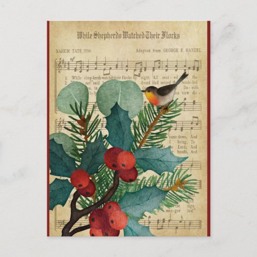 Cute Vintage Christmas Bird Music Postcard