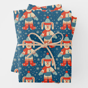 Cute Vintage Christmas Bunny and Snowflakes Wrapping Paper Sheets
