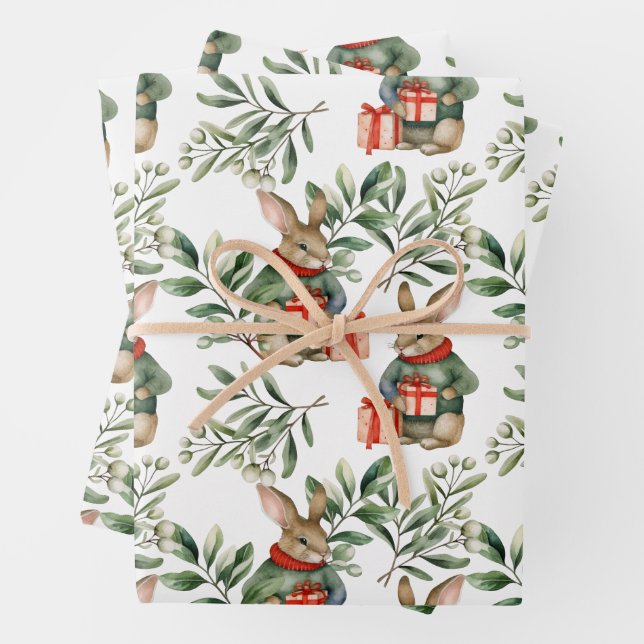 Cute Vintage Christmas Bunny Wrapping Paper (In situ)