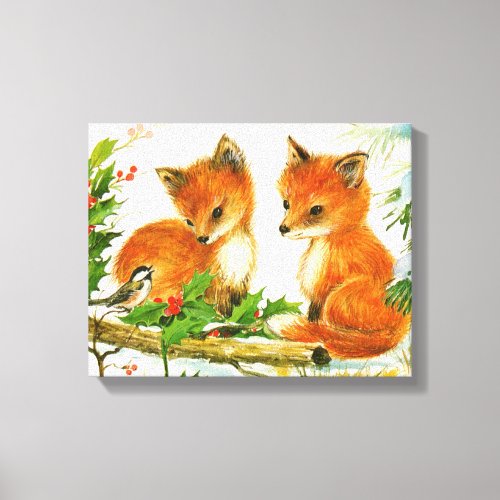 Cute Vintage Christmas Foxes Canvas Print