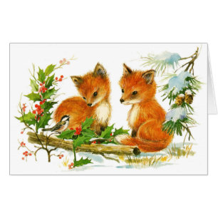 Cute Vintage Christmas Foxes Card