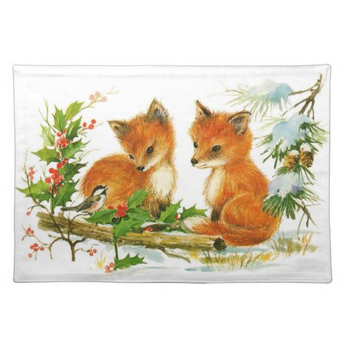 Cute Vintage Christmas Foxes Cloth Placemat