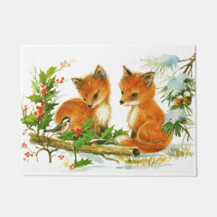 Cute Vintage Christmas Foxes Doormat