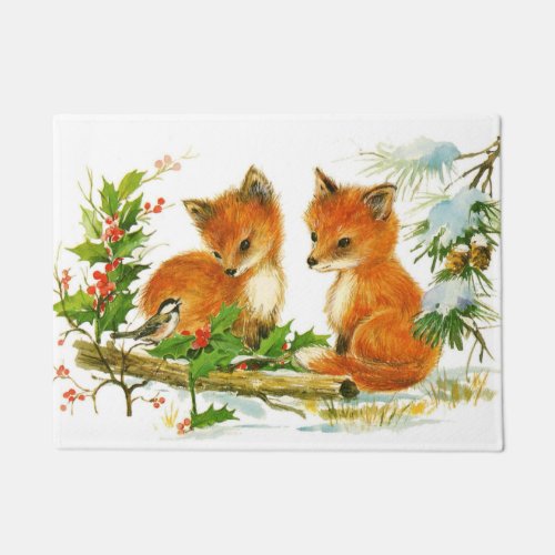 Cute Vintage Christmas Foxes Doormat
