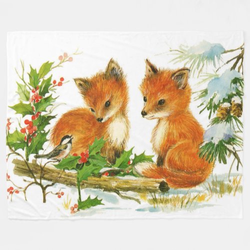 Cute Vintage Christmas Foxes Fleece Blanket