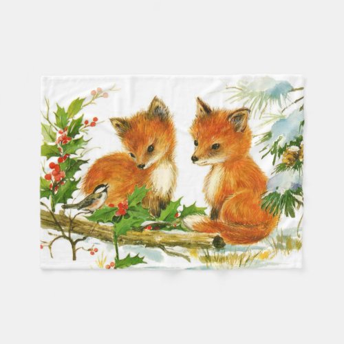 Cute Vintage Christmas Foxes Fleece Blanket
