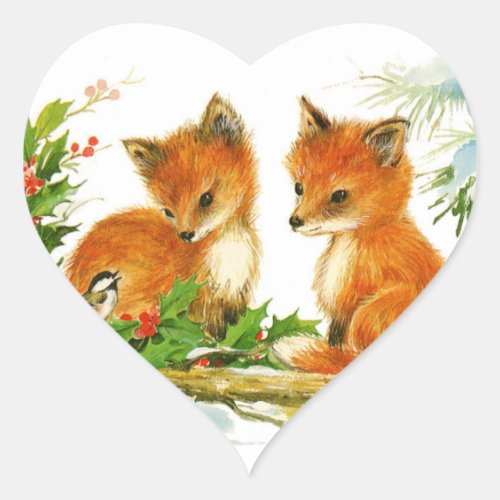 Cute Vintage Christmas Foxes Heart Sticker