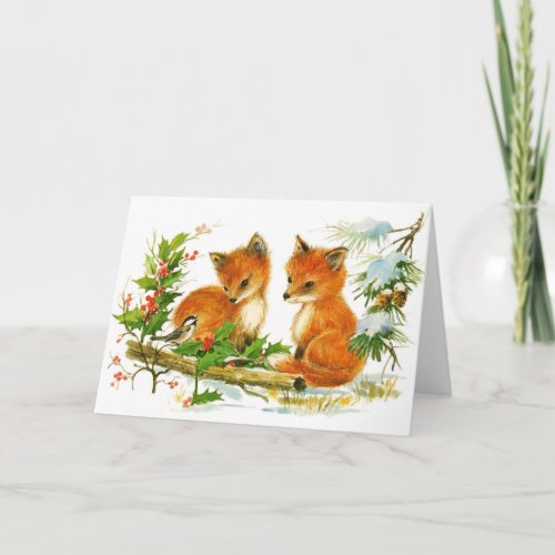 Cute Vintage Christmas Foxes Holiday Card
