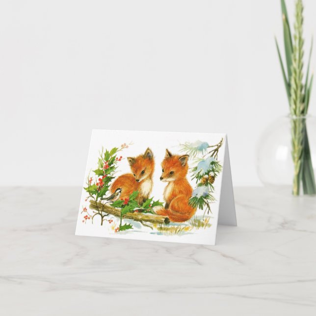 Cute Vintage Christmas Foxes Holiday Card (Front)