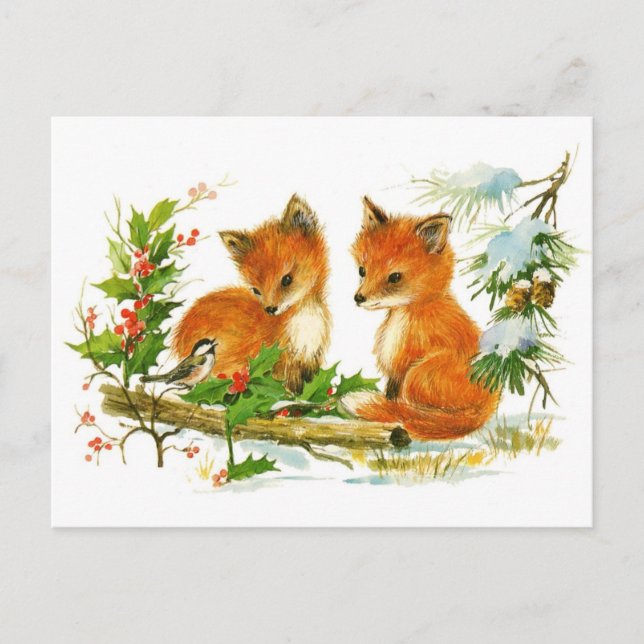 Cute Vintage Christmas Foxes Holiday Postcard (Front)