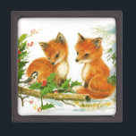 Cute Vintage Christmas Foxes Jewelry Box<br><div class="desc">Original vintage retro illustration of cute little foxes at Christmas.</div>