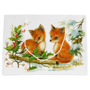 Cute Vintage Christmas Foxes Large Gift Bag