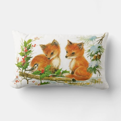 Cute Vintage Christmas Foxes Lumbar Pillow