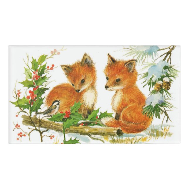 Cute Vintage Christmas Foxes Name Tag (Front)