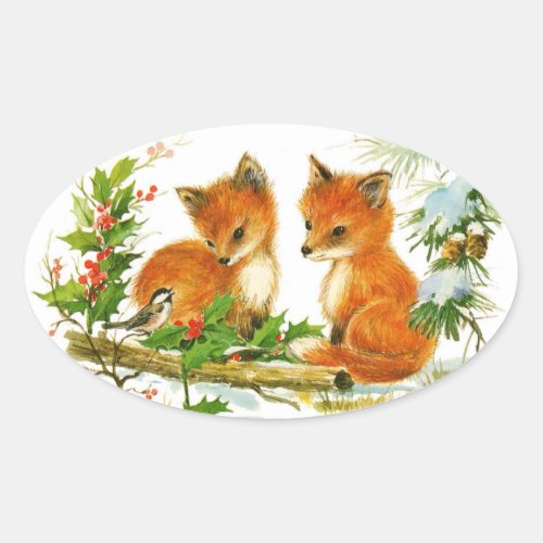 Cute Vintage Christmas Foxes Oval Sticker