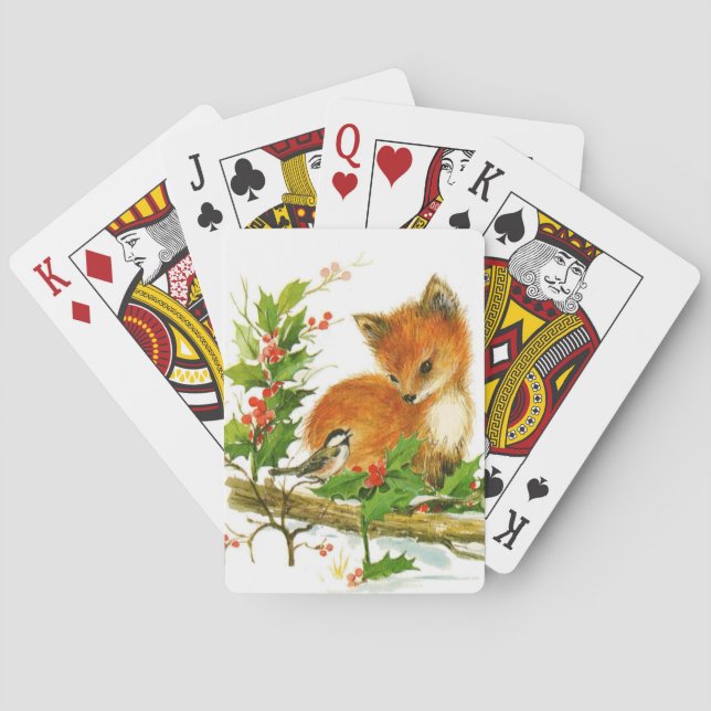 Cute Vintage Christmas Foxes Poker Cards (Back)