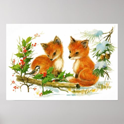 Cute Vintage Christmas Foxes Poster
