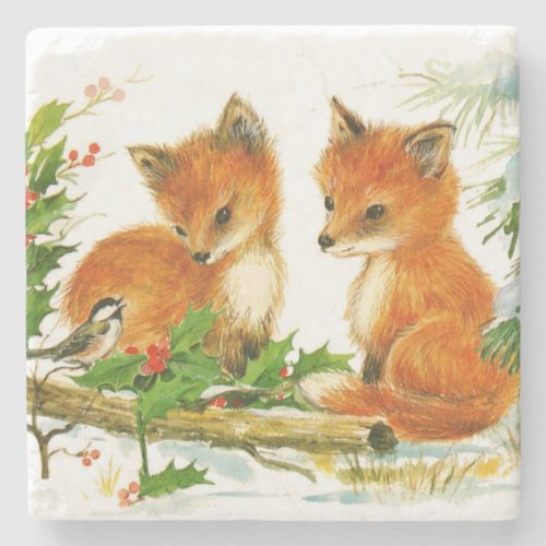 Cute Vintage Christmas Foxes Stone Coaster