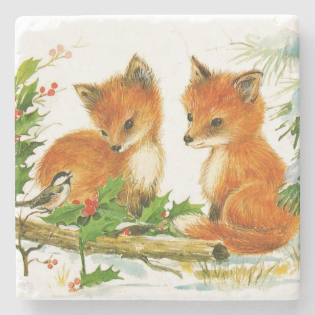 Cute Vintage Christmas Foxes Stone Coaster (Front)