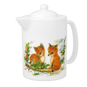 Cute Vintage Christmas Foxes Teapot